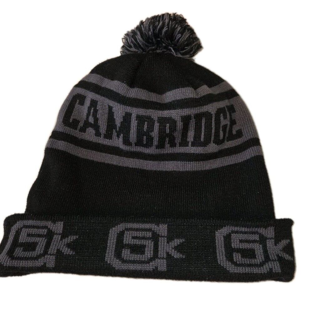 CAMBRIDGE YULE FEST BLACK/GREY KNIT SKI HAT WITH POMPOM HARVARD SQ CAMBRIDGE